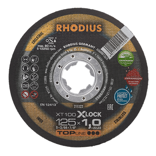 Image - RHODIUS XT100 X-LOCK - 125 er Trennscheibe für den Winkelschleifer, Materialeignung Stahl und Edelstahl